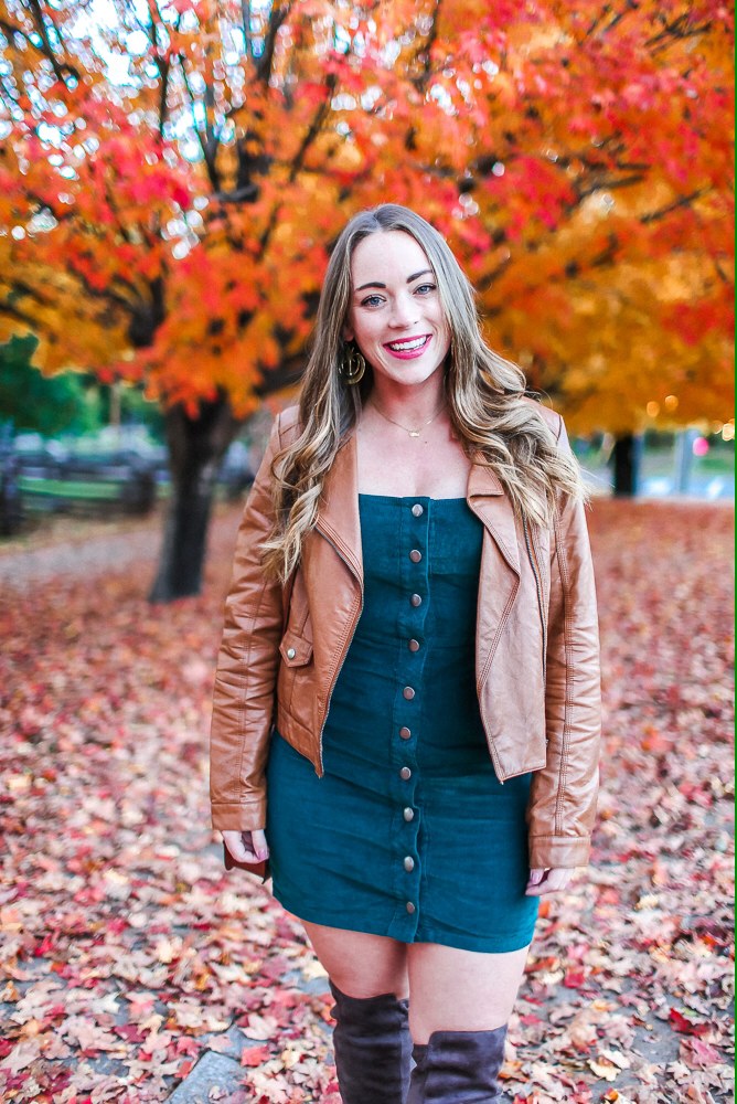 Corduroy Dress + Fall Leaves