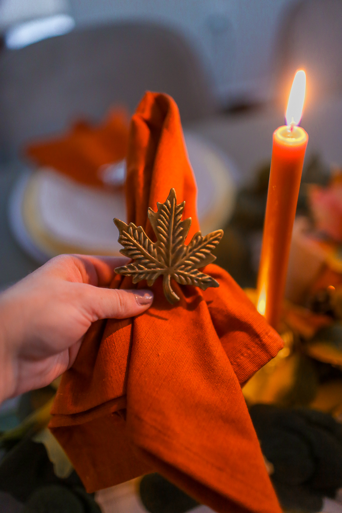 Orange Napkin with Gold Fall Leaf Foliage Napkin Ring