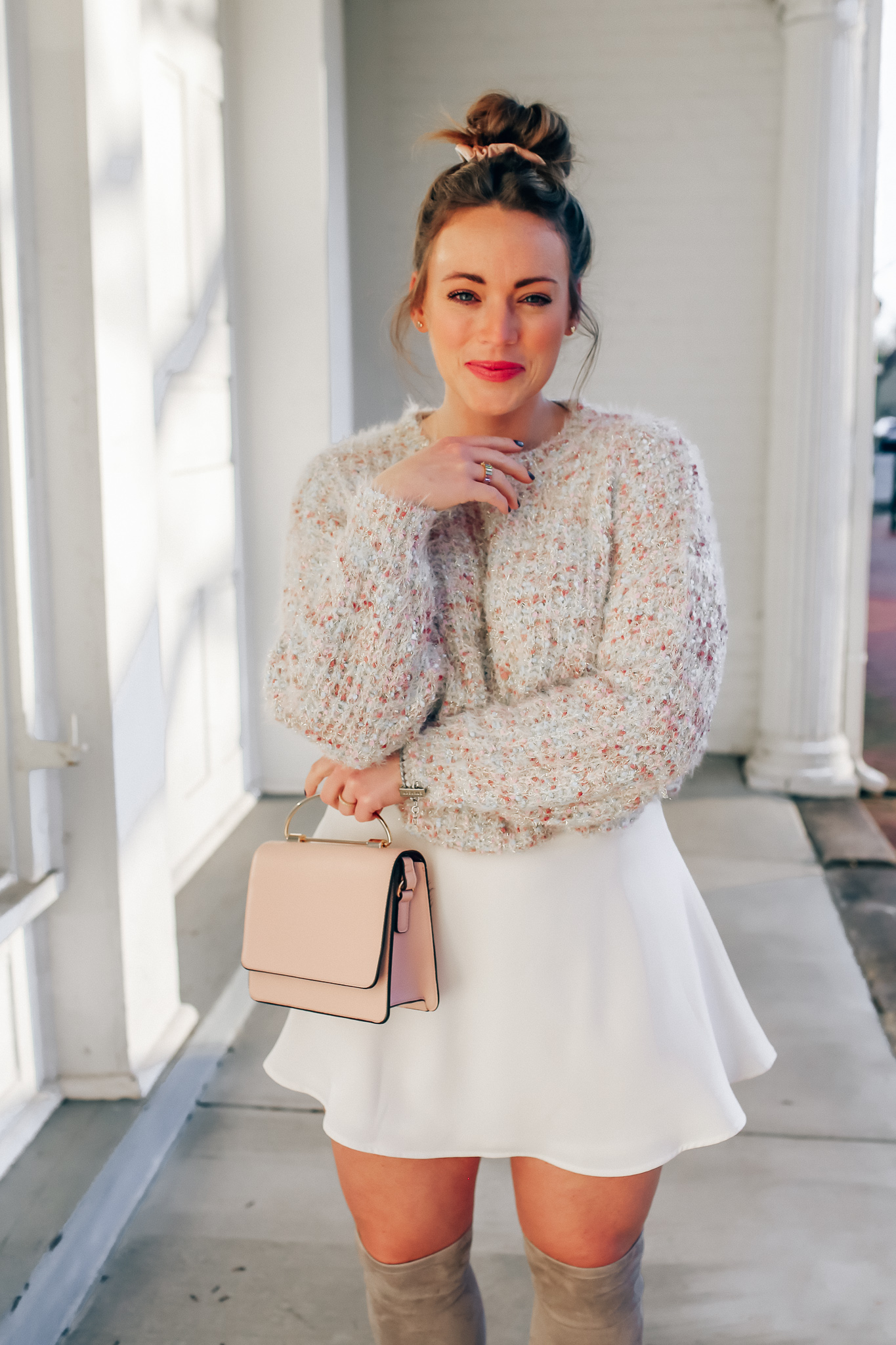 Pastel Sweater & Cream Skirt & Top Knot Bun