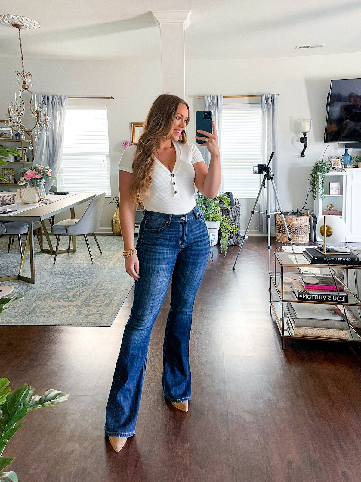 Brittany Ann Courtney Pink Lily The Sabrina Dark Wash Flare Jeans with Listen to Your Heart white bodysuit.