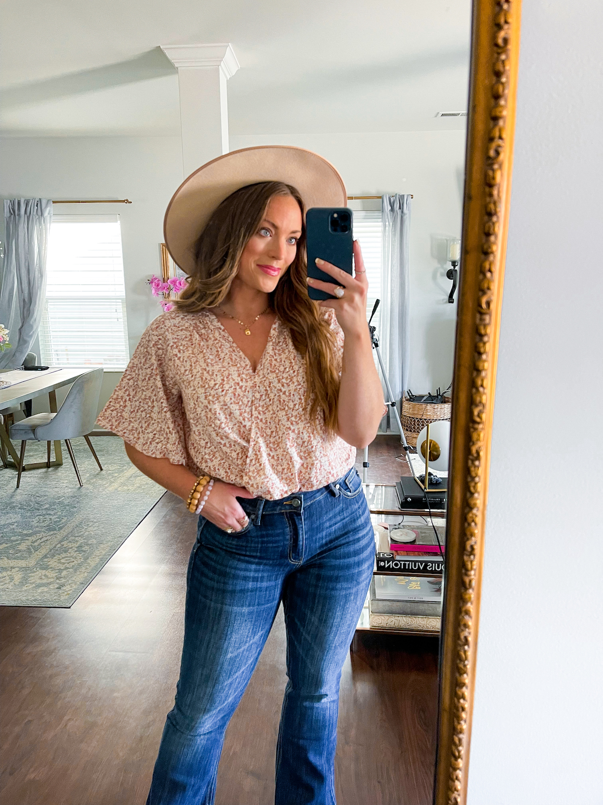 Brittany Ann Courtney Pink Lily The Sabrina Dark Wash Flare Jeans with A Forever Tradition Floral Wrap Red Bodysuit