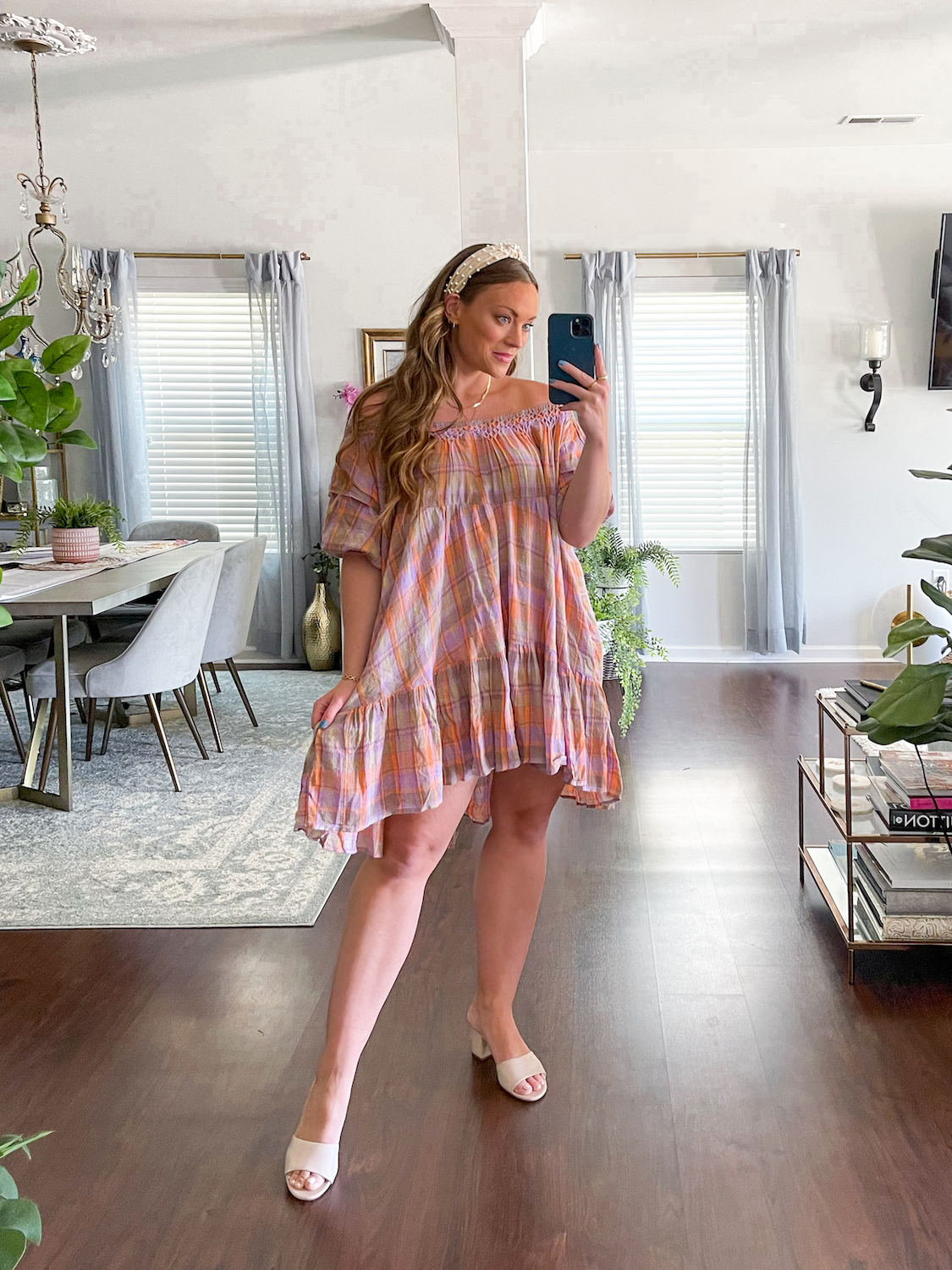 BrittanyAnnCourtney in Amelie Mini Dress, Steve Madden Tove Boots, White Wool Hat , Abercrombie Curve Love Jean Shorts